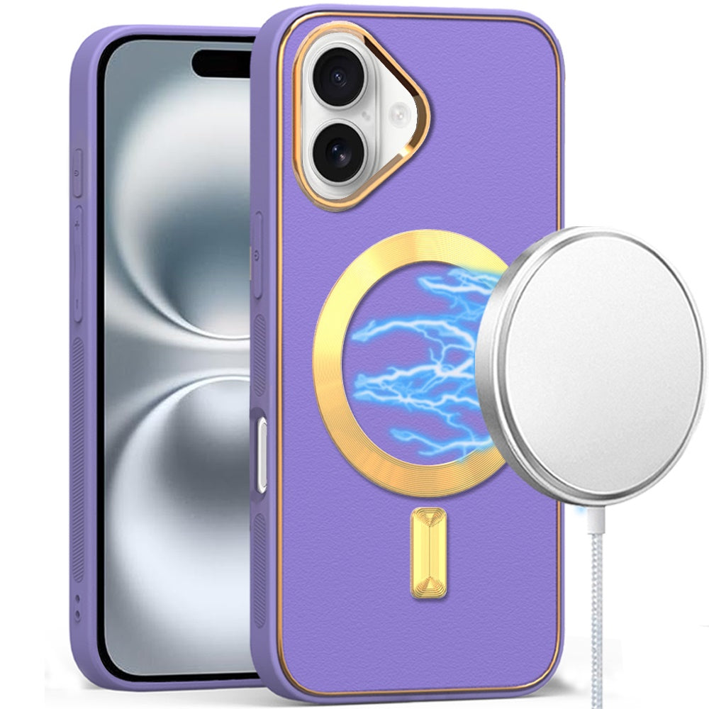 For iPhone 16 6.1inch Case Magnetic Circle Vegan Leather Cover + Tempered Glass