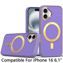 For iPhone 16 6.1inch Case Magnetic Circle Vegan Leather Cover + Tempered Glass