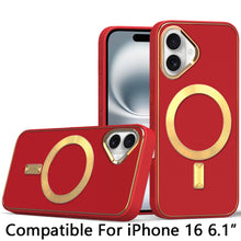For iPhone 16 6.1inch Case Magnetic Circle Vegan Leather Cover + Tempered Glass