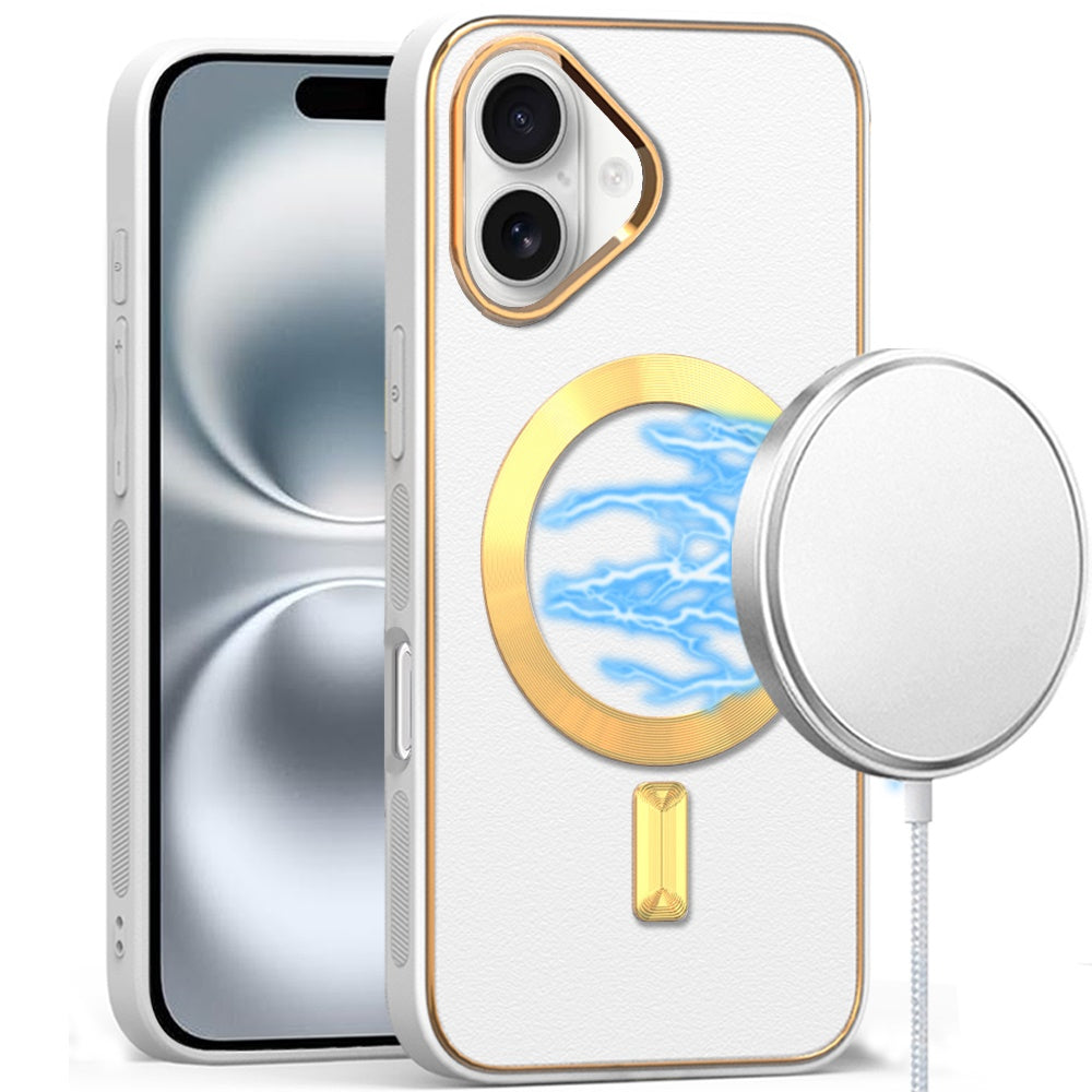 For iPhone 16 6.1inch Case Magnetic Circle Vegan Leather Cover + Tempered Glass