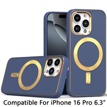 For iPhone 16 Pro 6.3in Case Magnetic Circle Vegan Leather Cover +Tempered Glass