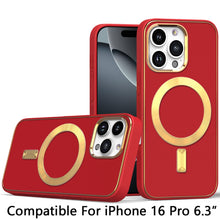 For iPhone 16 Pro 6.3in Case Magnetic Circle Vegan Leather Cover +Tempered Glass