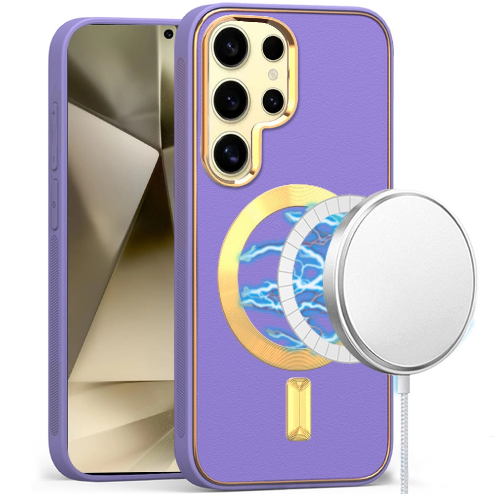 For Samsung Galaxy S24 Ultra Case Magnetic Charging Vegan Leather Hybrid Cover
