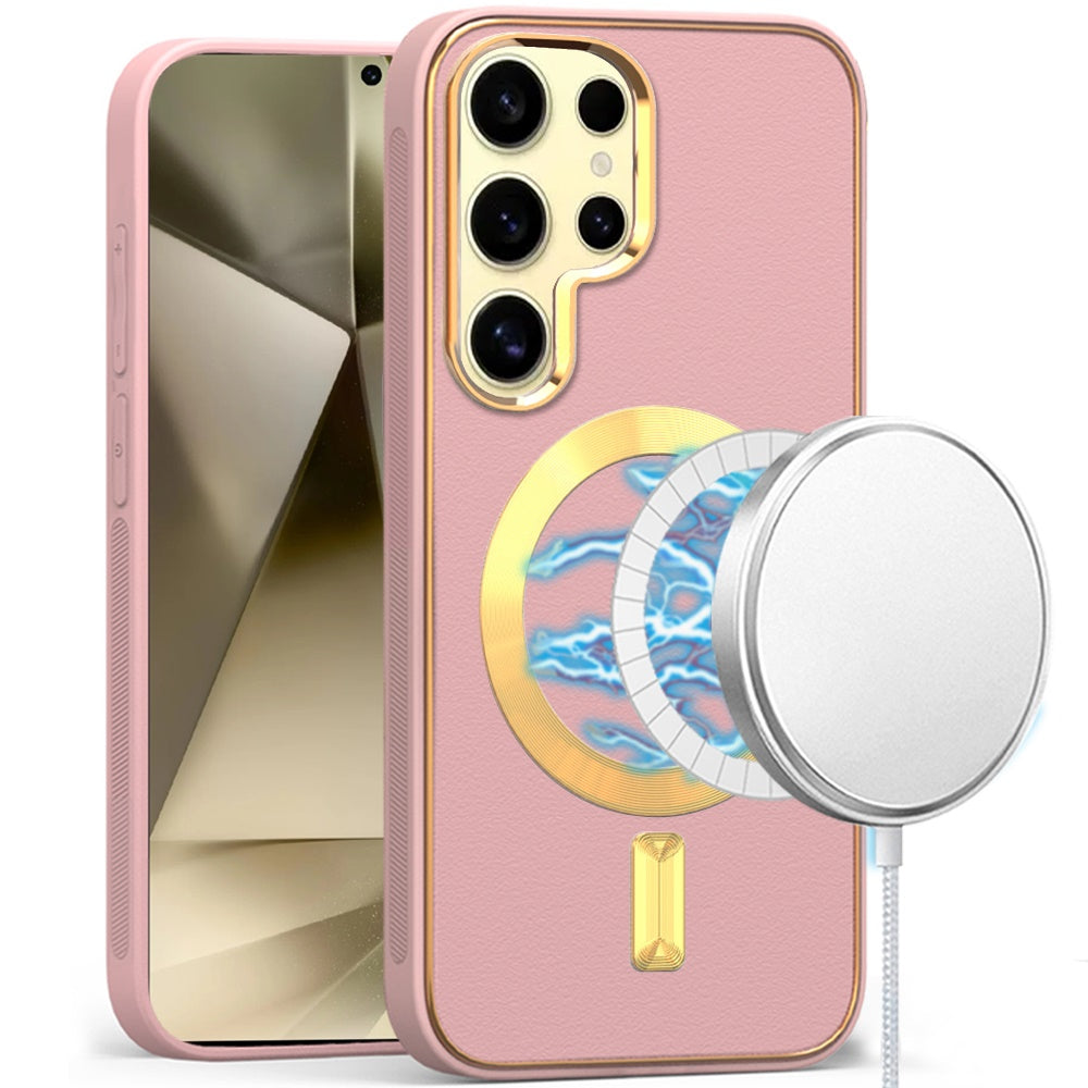For Samsung Galaxy S24 Ultra Case Magnetic Charging Vegan Leather Hybrid Cover