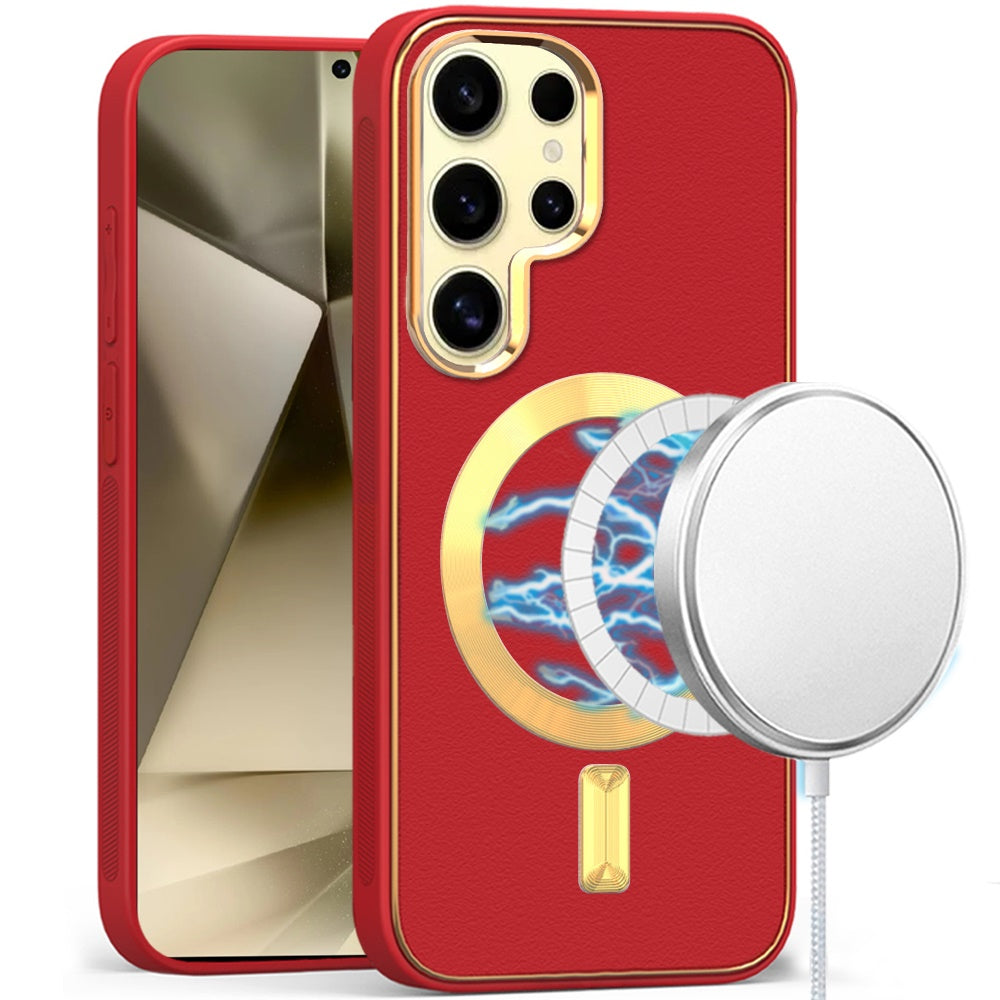 For Samsung Galaxy S24 Ultra Case Magnetic Charging Vegan Leather Hybrid Cover