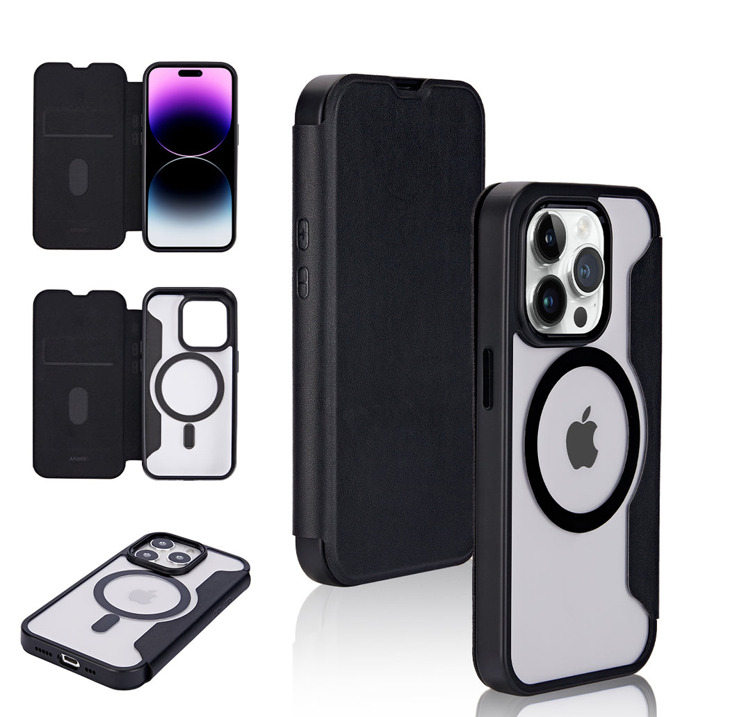 For iPhone 15 PRO Case Vegan Leather Magnetic Charging Flip + 2 Tempered Glass
