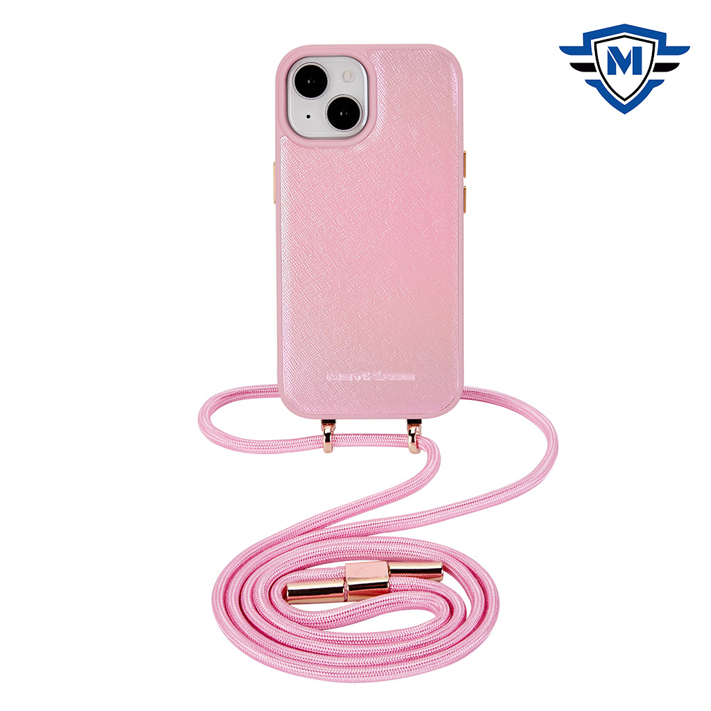 For iPhone 15 Case PU Leather Fashion Neck Lanyard Cover + 2 Tempered Glass