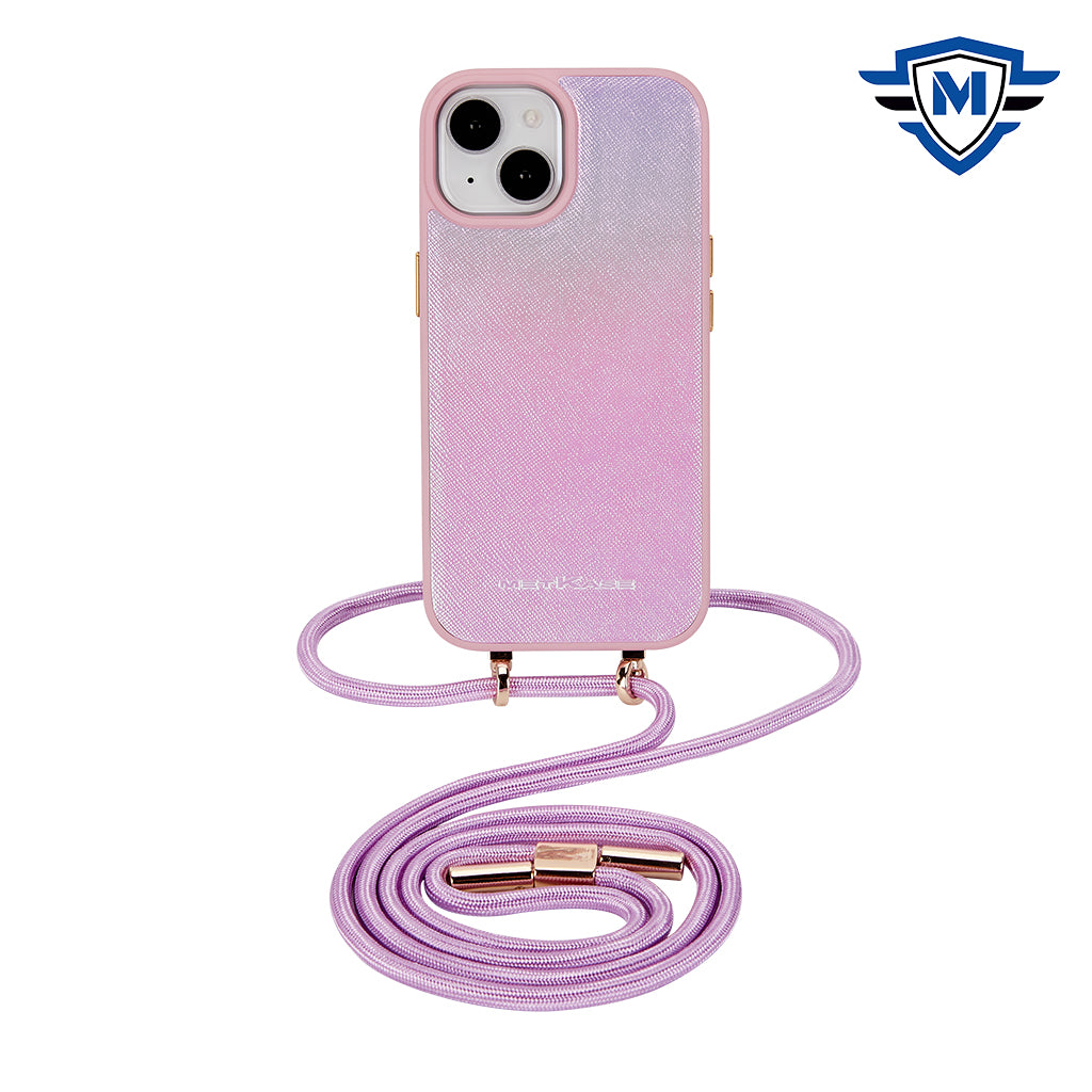 For iPhone 15 Pro Max Case PU Leather Neck Lanyard Cover + 2 Tempered Glass