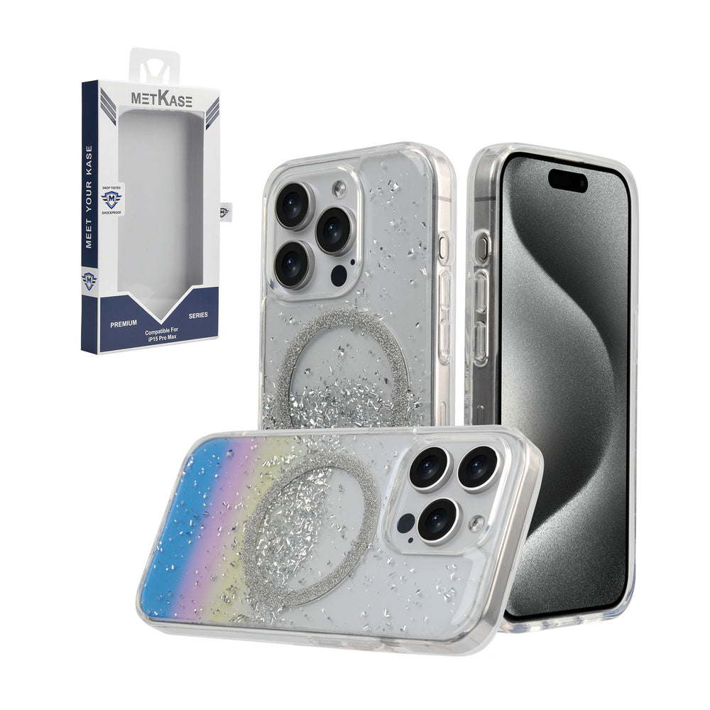 For iPhone 15 PRO Case Fused Glitter Flakes Magnetic Charging + 2 Tempered Glass