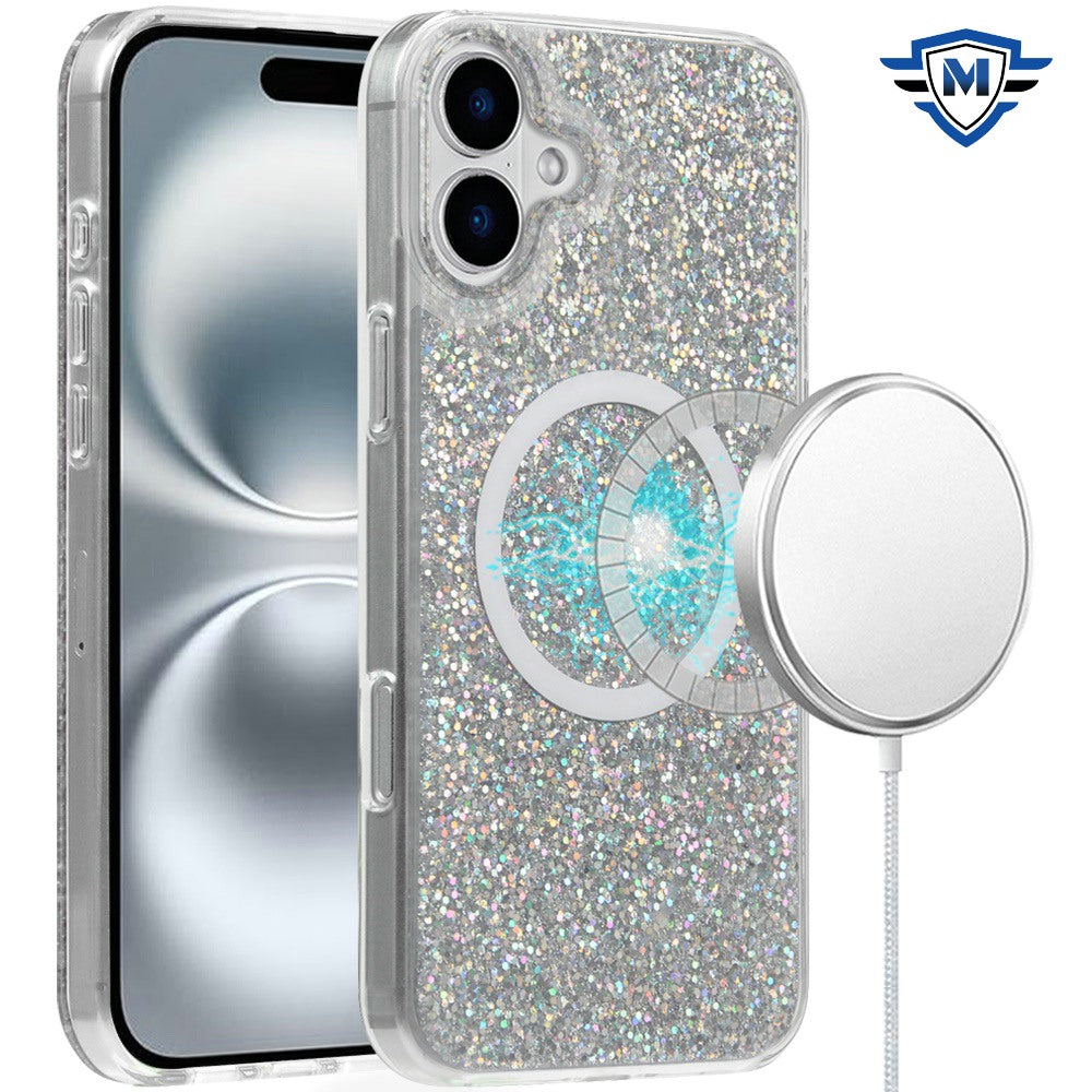 For iPhone 16 Plus 6.7in Case Magnetic Circle Premium Glitter + Tempered Glass