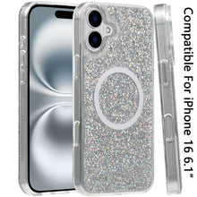 For iPhone 16 6.1inch Case Magnetic Circle Premium Full Glitter + Tempered Glass