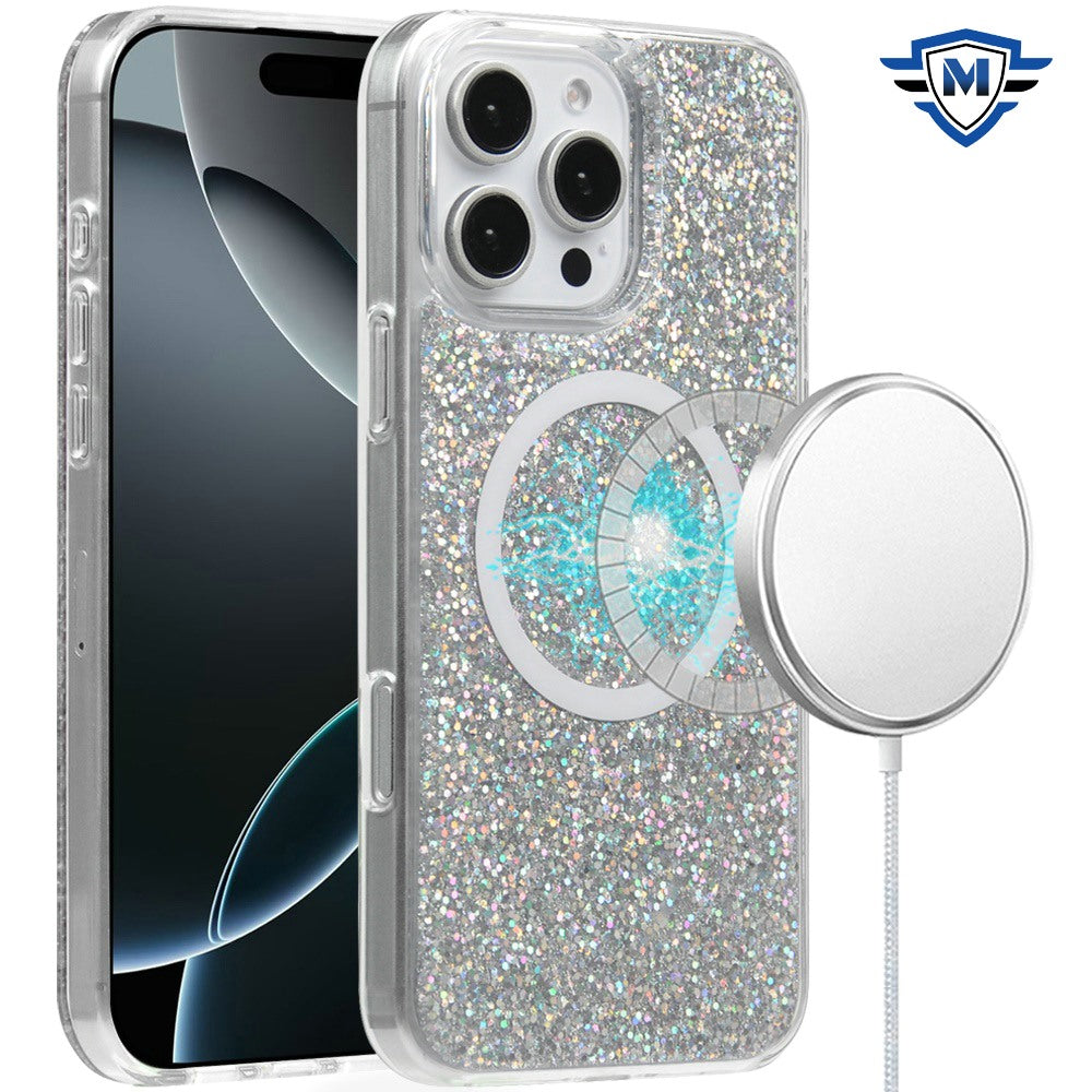 For iPhone 16 Pro 6.3in Case Magnet Circle Premium Full Glitter + Tempered Glass