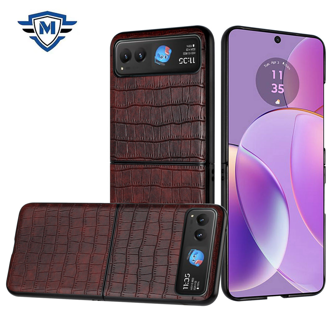 For Motorola Razr 2023 Case Premium PU Vegan Leather Croc Design Phone Cover