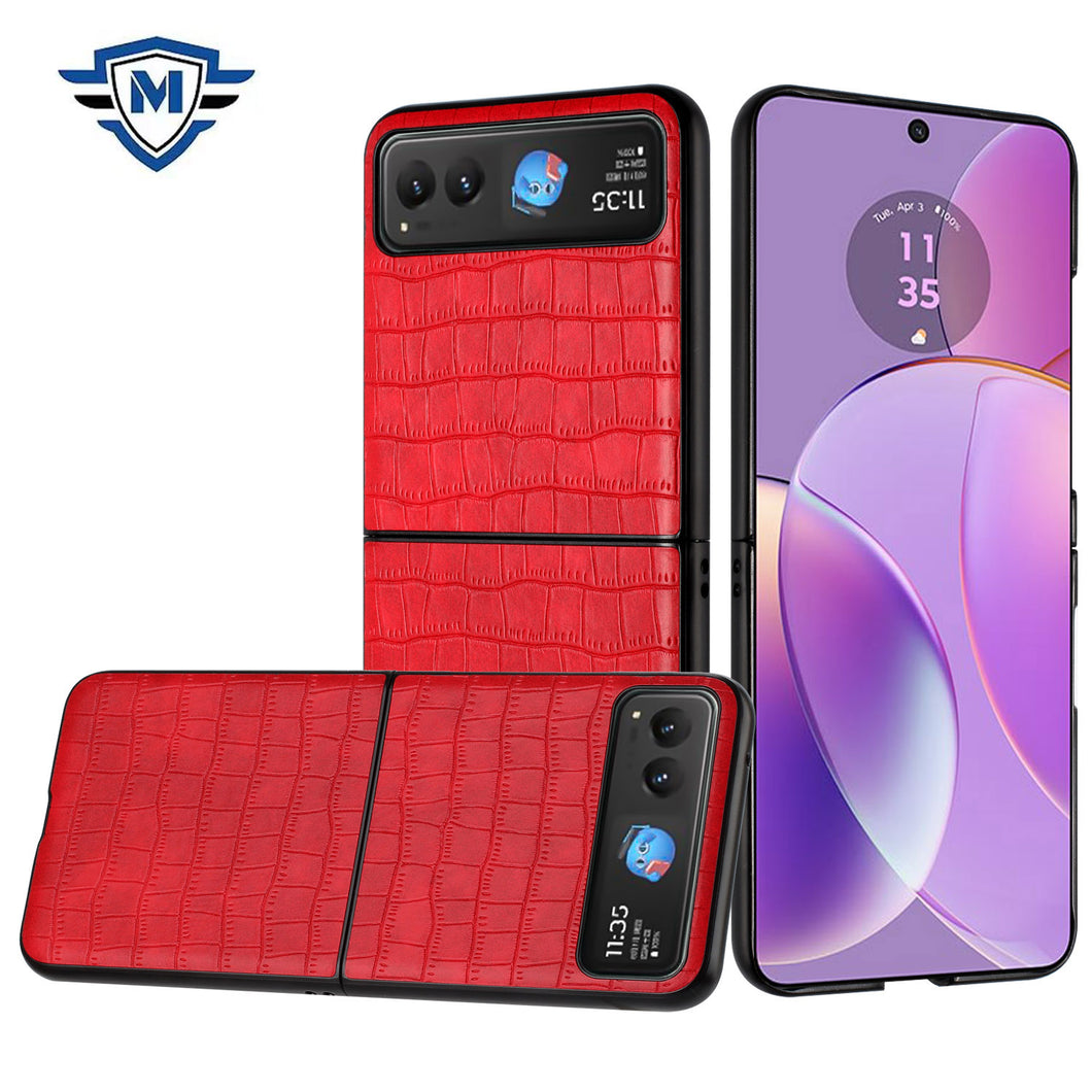 For Motorola Razr 2023 Case Premium PU Vegan Leather Croc Design Phone Cover