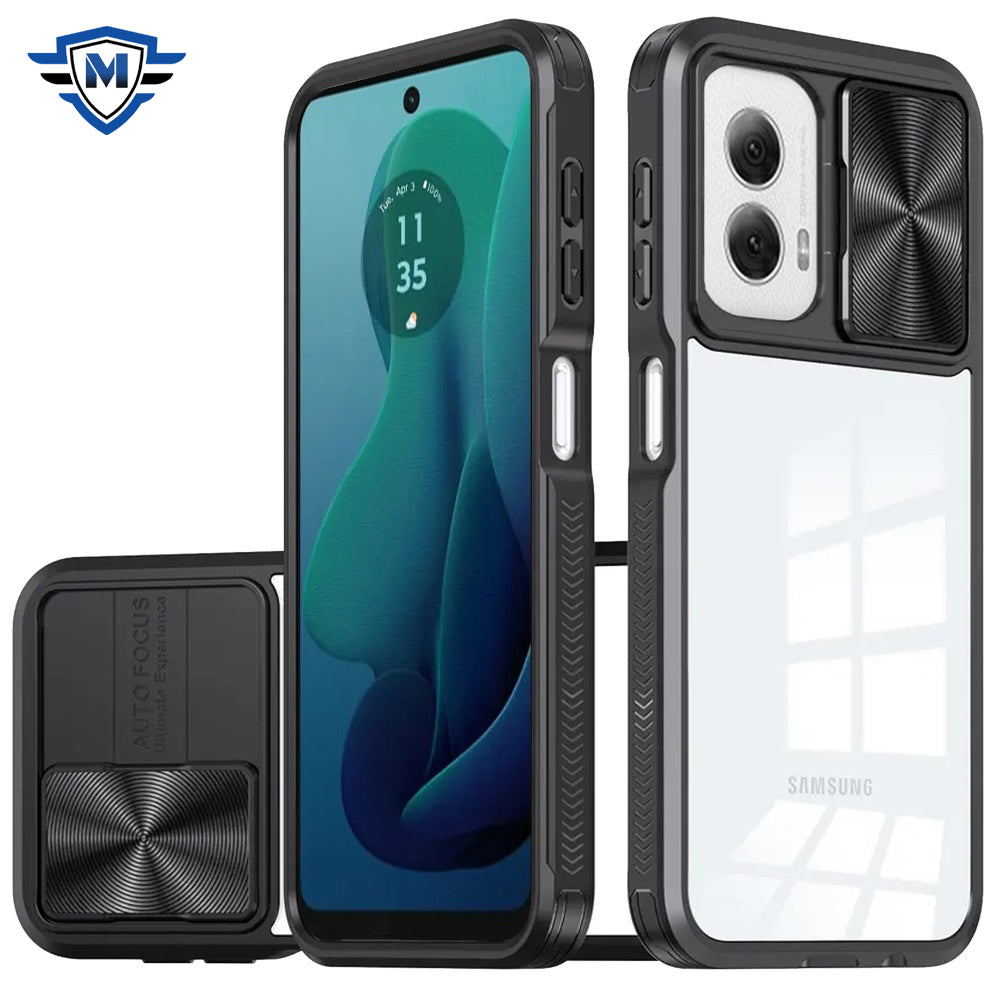 For Moto G 5G (2024) Case Rear Lens Sliding Cover Rugged Hybrid + Tempered Glass