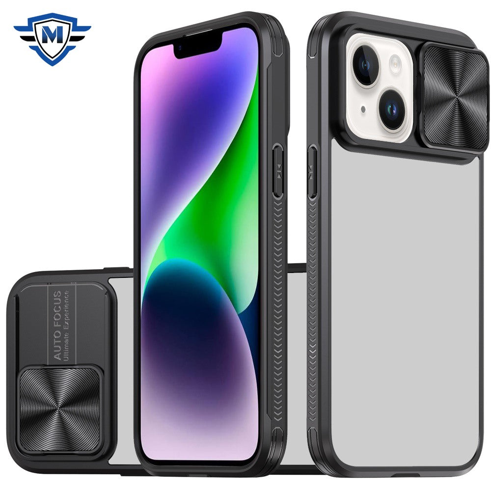 For iPhone 13/14 Case Rear Lens Sliding Cover Rugged Hybrid + Tempered Glass