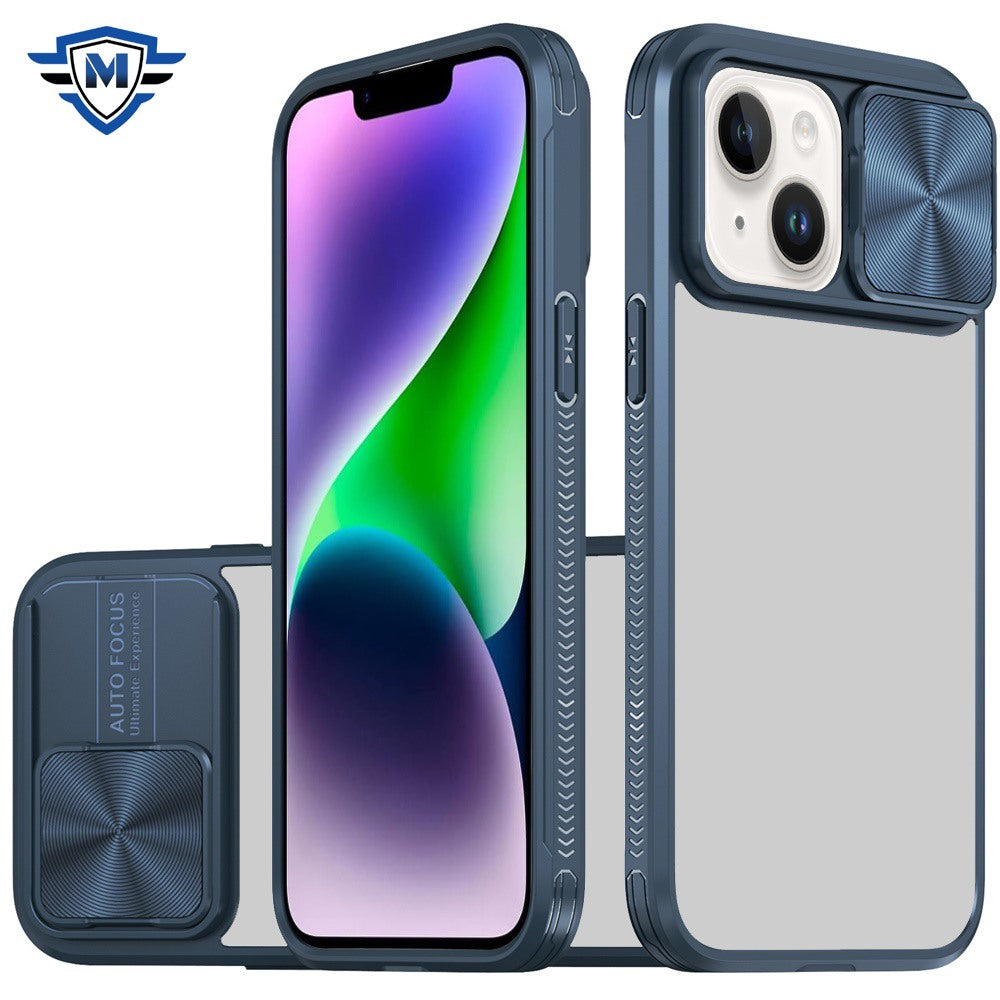 For iPhone 13/14 Case Rear Lens Sliding Cover Rugged Hybrid + Tempered Glass