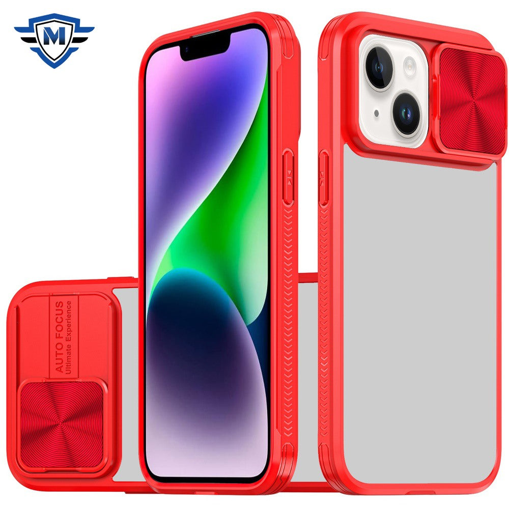 For iPhone 13/14 Case Rear Lens Sliding Cover Rugged Hybrid + Tempered Glass