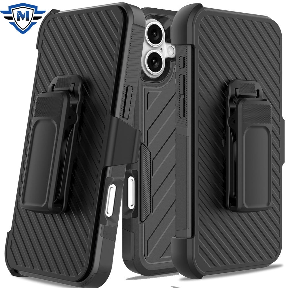 For iPhone 16 6.1inch Case Heavy-Duty Lined Cover with Holster + Tempered Glass