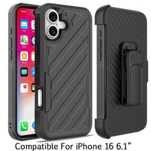 For iPhone 16 6.1inch Case Heavy-Duty Lined Cover with Holster + Tempered Glass