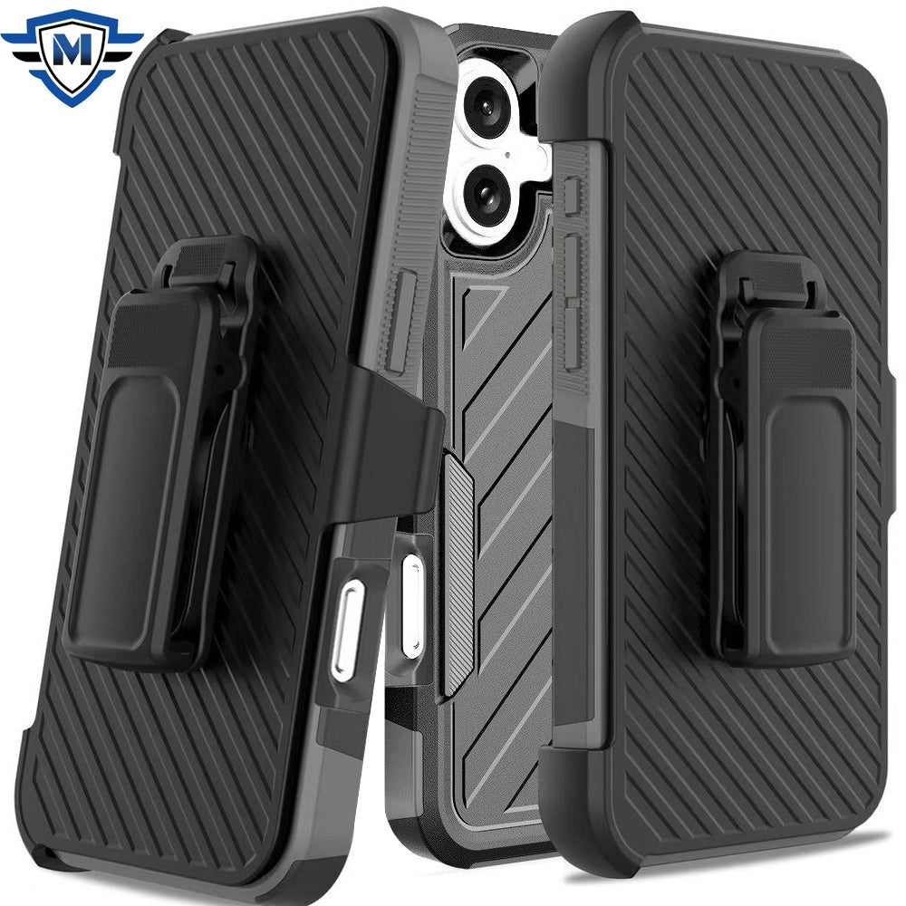For iPhone 16 6.1inch Case Heavy-Duty Lined Cover with Holster + Tempered Glass