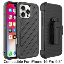 For iPhone 16 Pro 6.3in Case Heavy-Duty Lined Cover with Holster +Tempered Glass