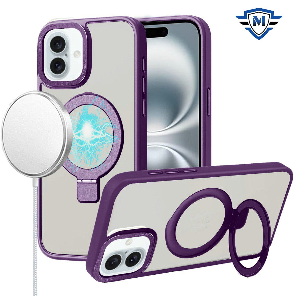 For iPhone 16 6.1inch Case Metal Ring Stand Magnetic Circle + Tempered Glass