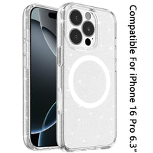 For iPhone 16 Pro 6.3in Case Glitter Translucent Magnetic Circle +Tempered Glass
