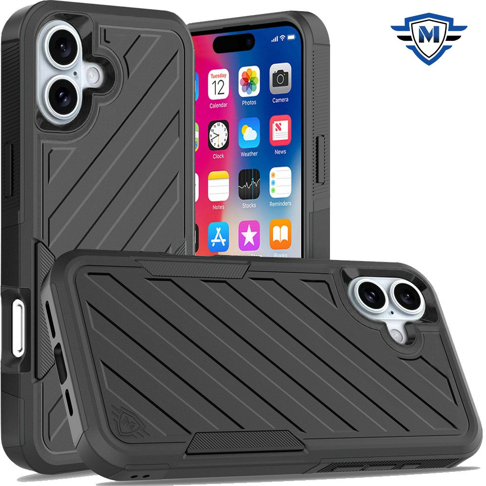 For iPhone 16 6.1inch Case Shockproof Dual Layer Lined Cover + Tempered Glass