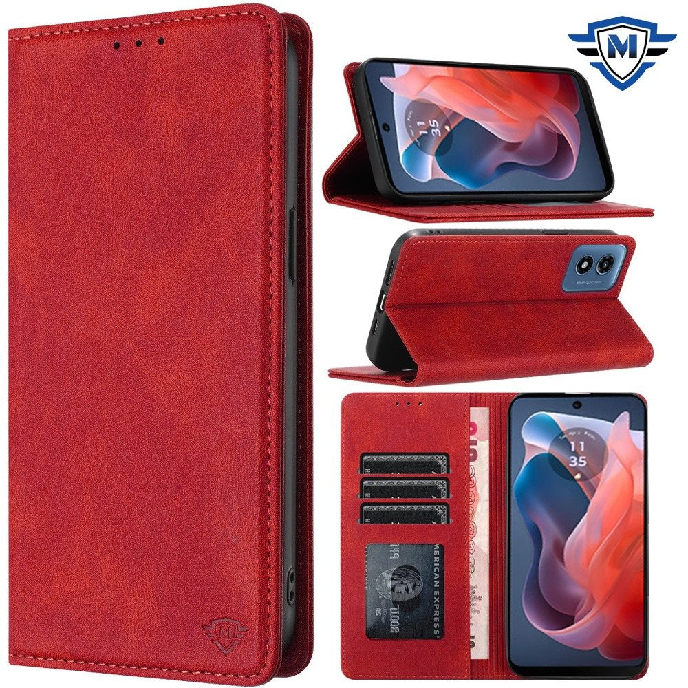 For Moto G Play 2024 Case Luxury Soft Vegan Leather Phone Wallet +Tempered Glass