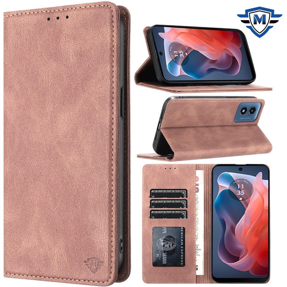 For Moto G Play 2024 Case Luxury Soft Vegan Leather Phone Wallet +Tempered Glass