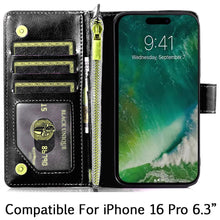 For iPhone 16 Pro 6.3in Case Luxury Vegan Leather Phone Wallet + Tempered Glass