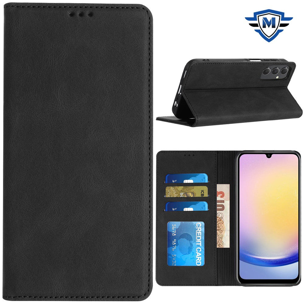 For Samsung A25 5G Case Luxury Soft Vegan Leather Phone Wallet + Tempered Glass