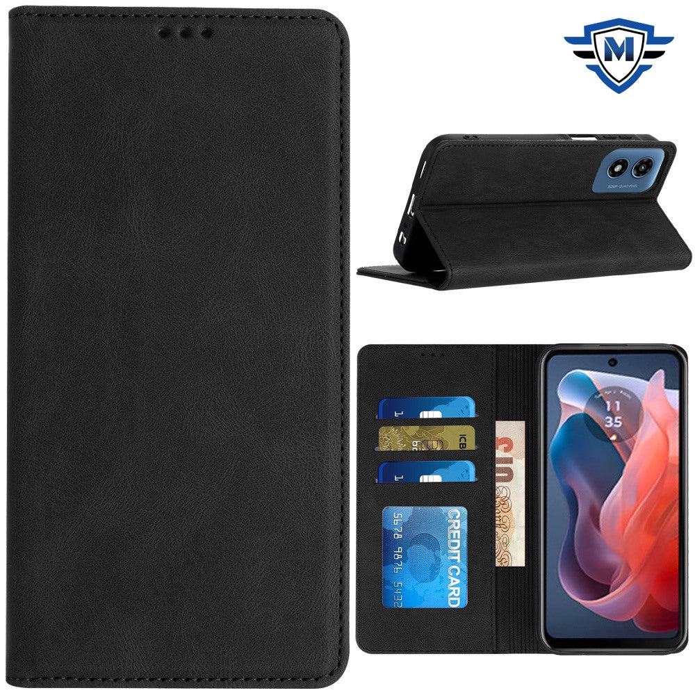 For Moto G Play 2024 Case Luxury Soft Vegan Leather Phone Wallet +Tempered Glass