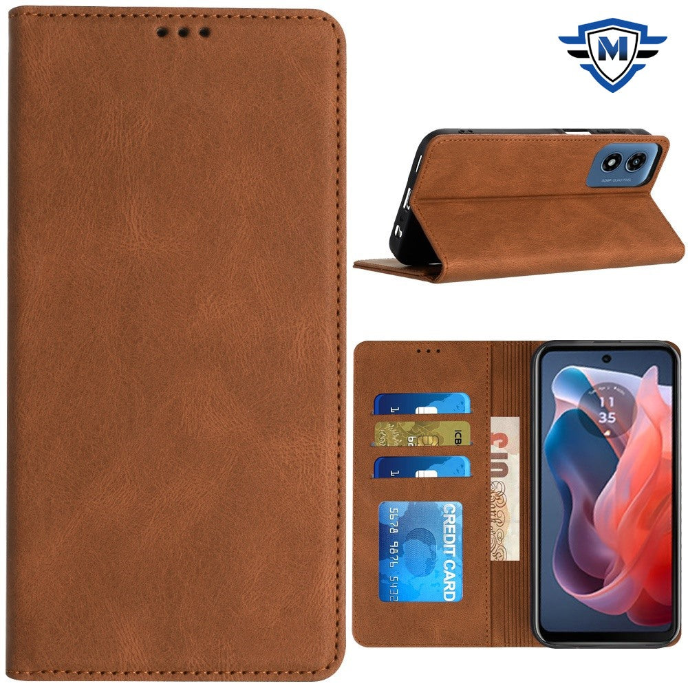 For Moto G Play 2024 Case Luxury Soft Vegan Leather Phone Wallet +Tempered Glass