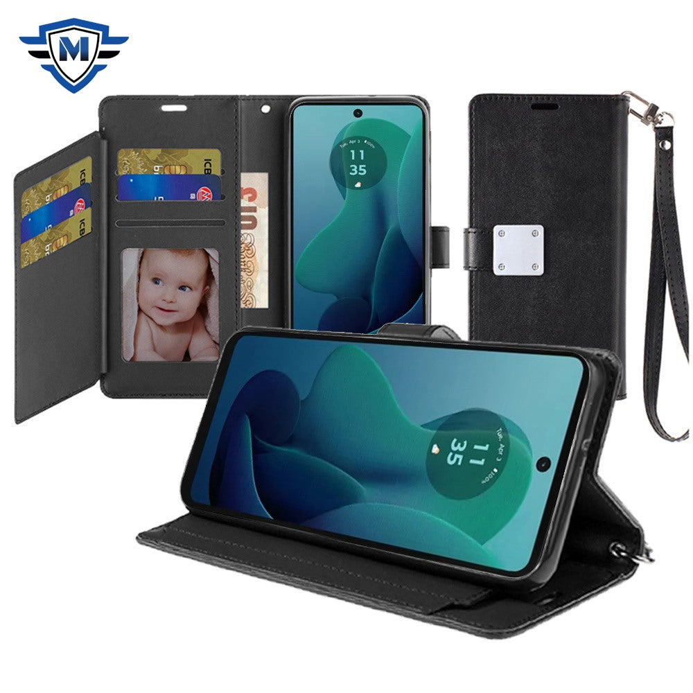 For Moto G 5G (2024) Case PU Leather Wallet w/ Extra Card Flap + Tempered Glass