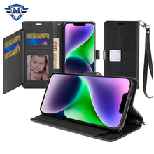 For iPhone 13/14 Case Vegan Leather Wallet w/ Extra Card Flap + Tempered Glass