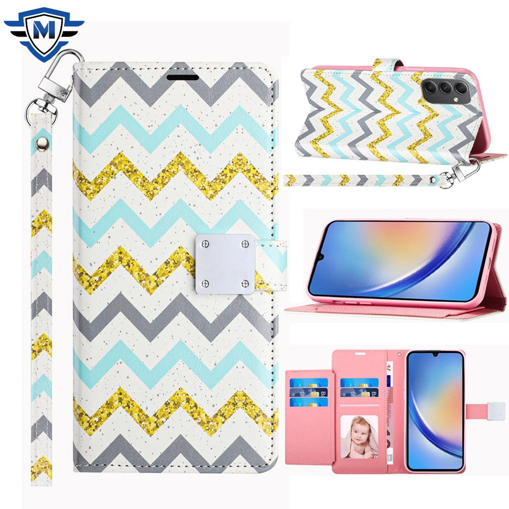 For Samsung A15 5G Case Design Phone Wallet ID Card Wrist-strap + Tempered Glass