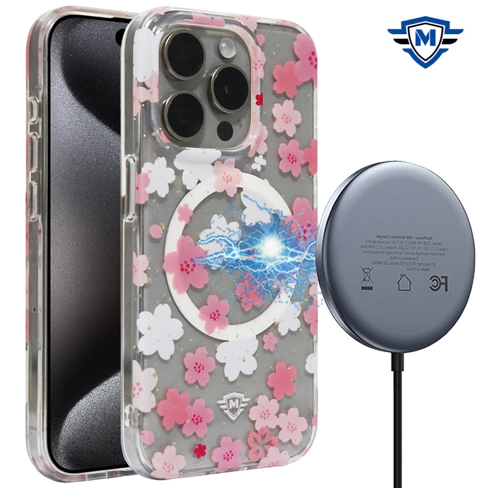 For iPhone 15 PRO Case Premium Magnetic Charging Floral Cover + 2 Tempered Glass