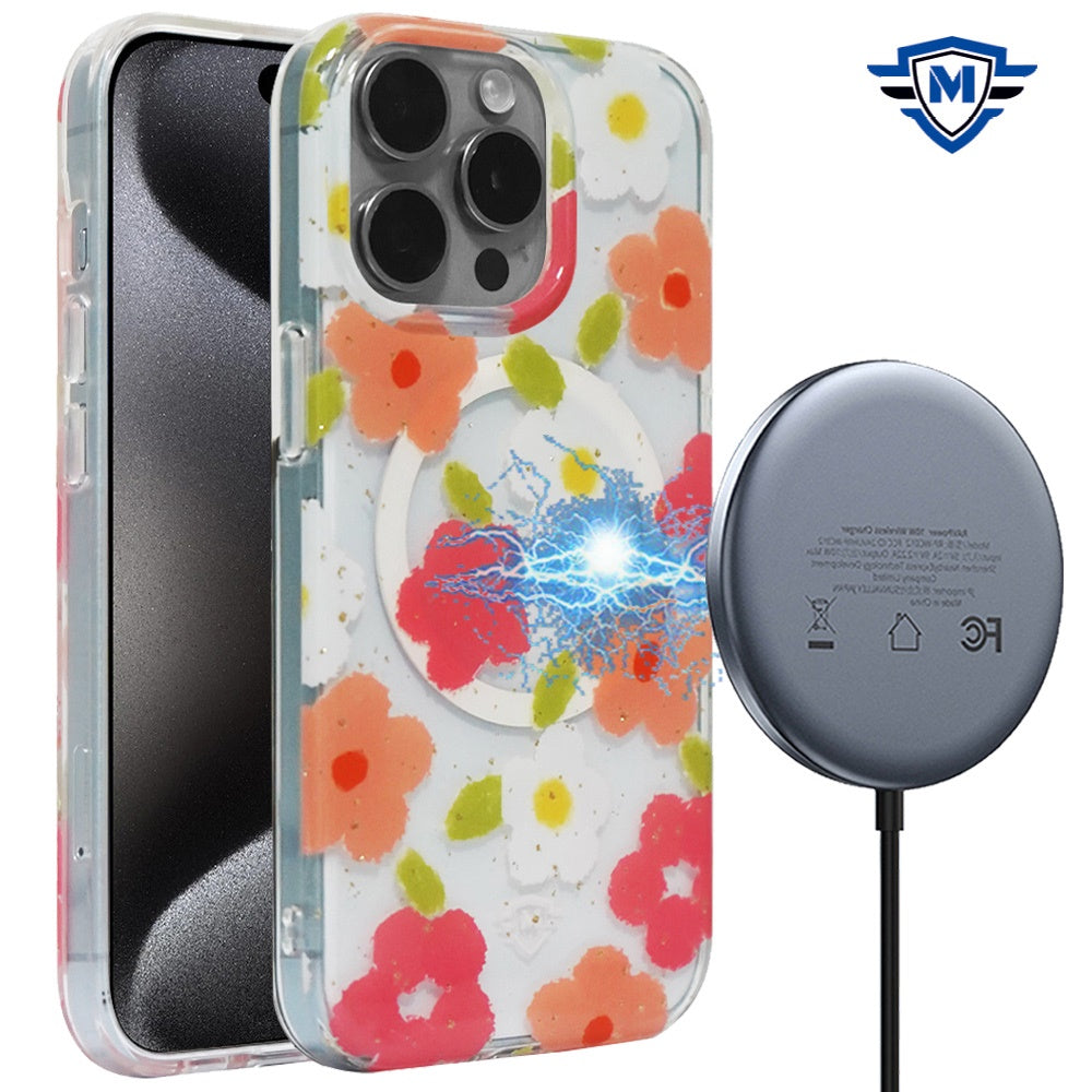 For iPhone 15 PLUS Case Premium Magnetic Charging Floral Cover +2 Tempered Glass