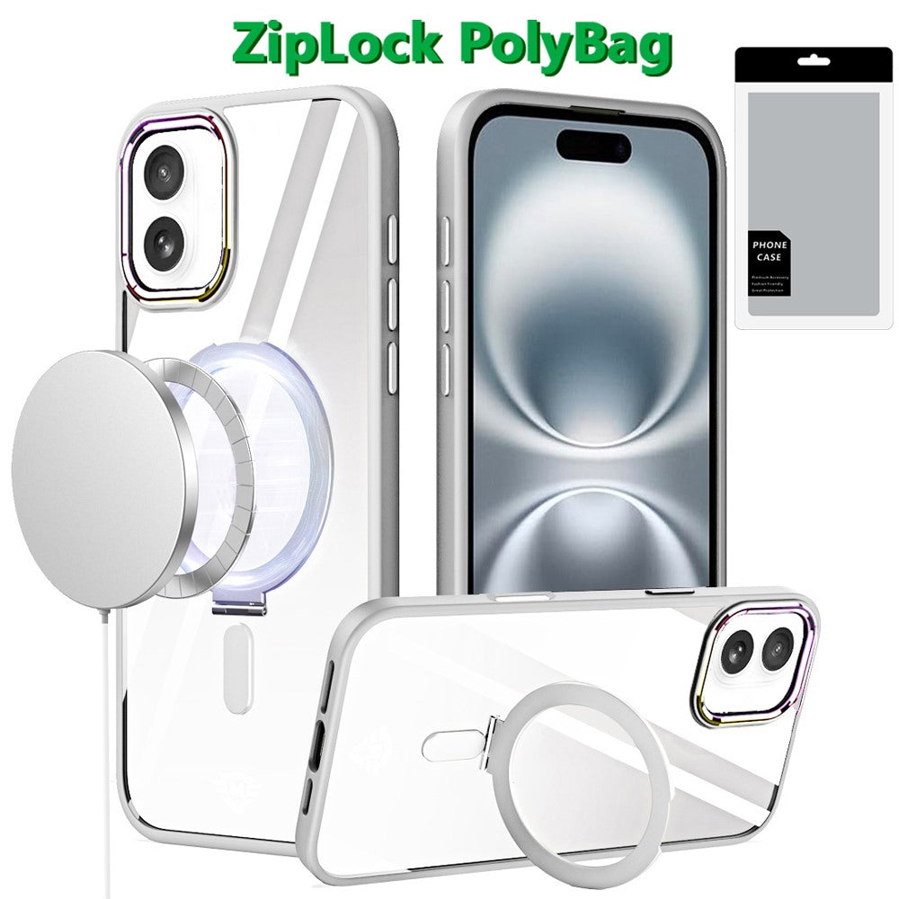For iPhone 16 Plus 6.7in Case Magnetic Circle RingStand Chrome + Tempered Glass