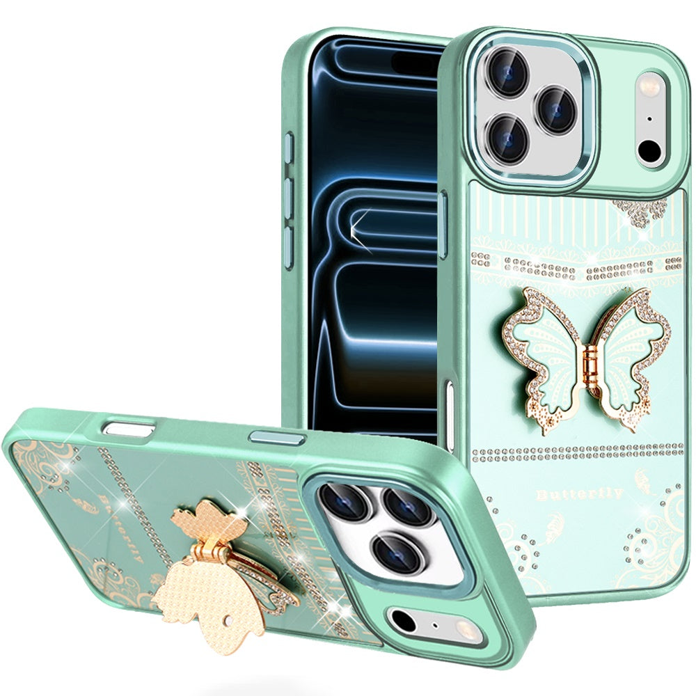 For iPhone 17 Pro Max Case 3D Butterfly Bling Charm Stand Cover + Tempered Glass