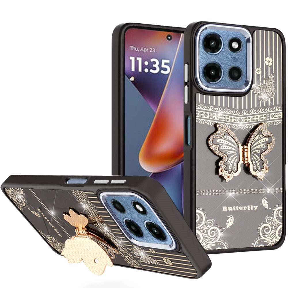 For Moto G 2025 Case 3D Butterfly Bling Charm Stand Phone Cover + Tempered Glass