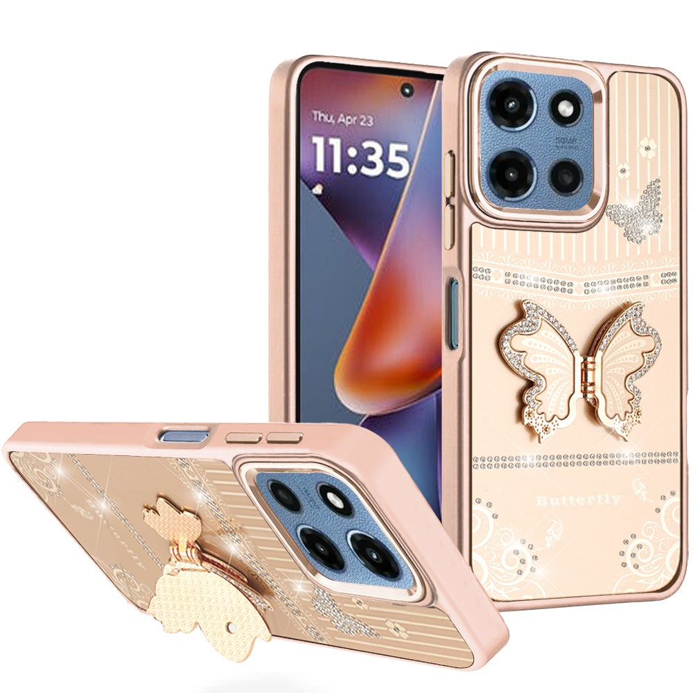For Moto G 2025 Case 3D Butterfly Bling Charm Stand Phone Cover + Tempered Glass