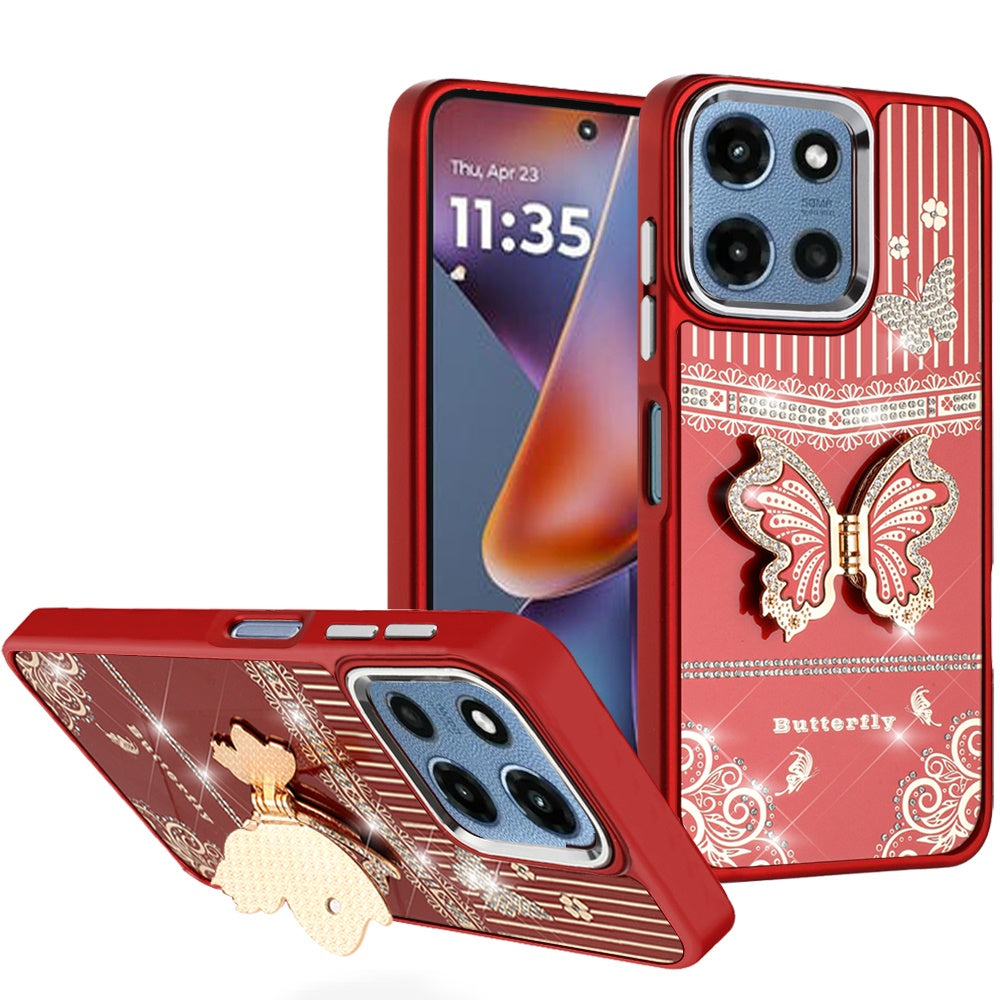 For Moto G 2025 Case 3D Butterfly Bling Charm Stand Phone Cover + Tempered Glass