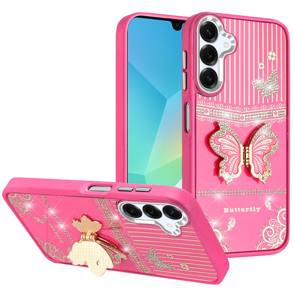 For Samsung A16 5G Case 3D Butterfly Bling Charm Stand Cover + Tempered Glass