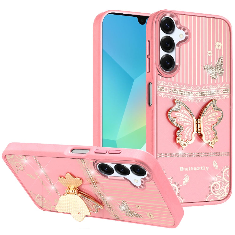 For Samsung A16 5G Case 3D Butterfly Bling Charm Stand Cover + Tempered Glass
