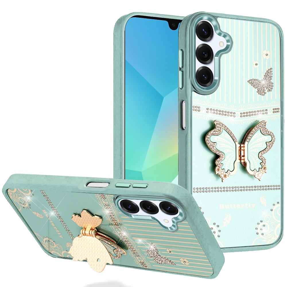 For Samsung A16 5G Case 3D Butterfly Bling Charm Stand Cover + Tempered Glass