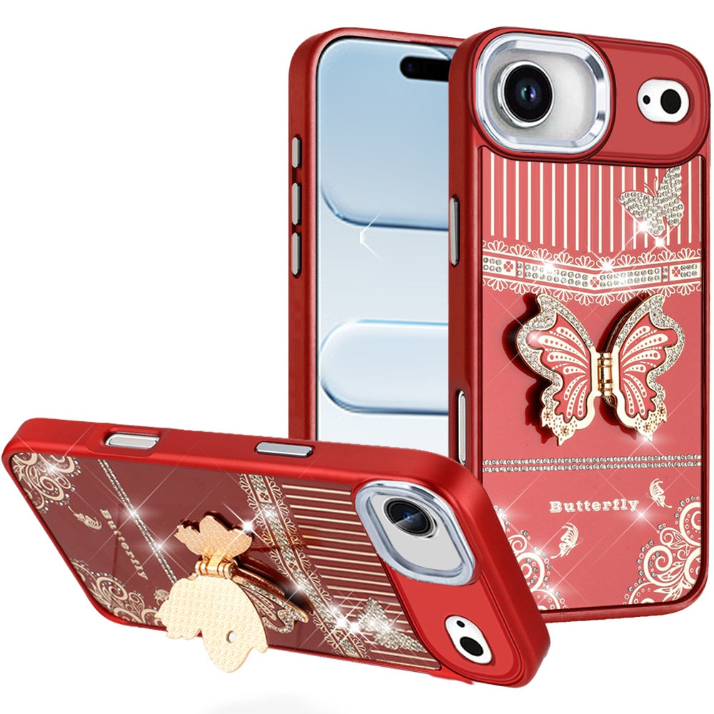 For iPhone Air Case w/ 3D Butterfly Bling Charm and Stand Cover + Tempered Glass