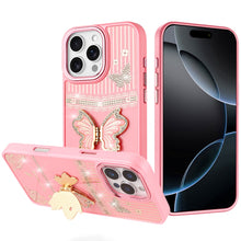 For iPhone 16 PRO MAX Case 3D Butterfly Bling Charm Stand Cover + Tempered Glass
